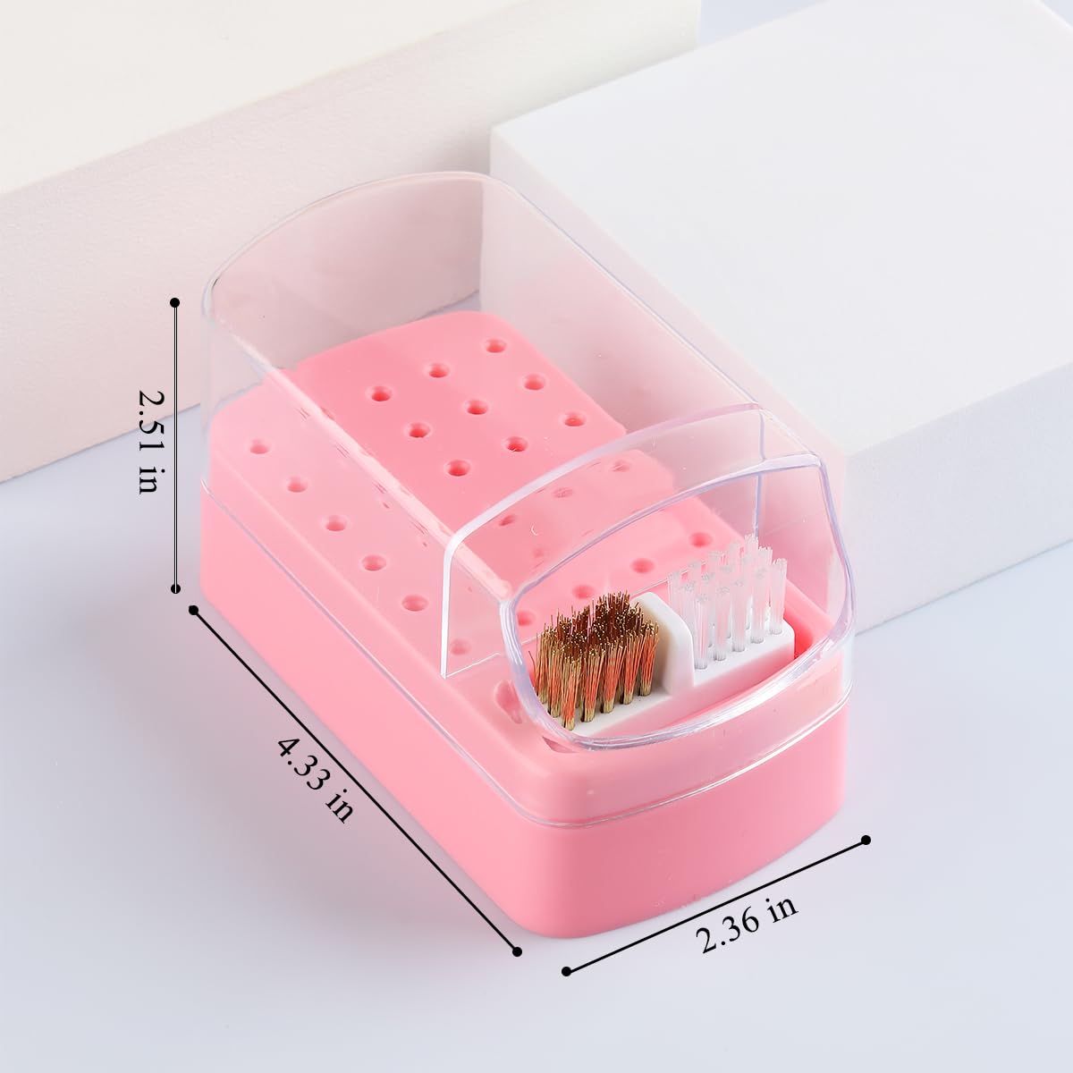 Fcozpjk 2 in 1 Pink Nail Drill Bit Holder and Nail Drill Bits Cleaner Brush Case, 30 Holes Dust-proof Nail Bit Holder Organizer Display Storage Box, Nail Bit Cleaning Case Manicure Container Tool