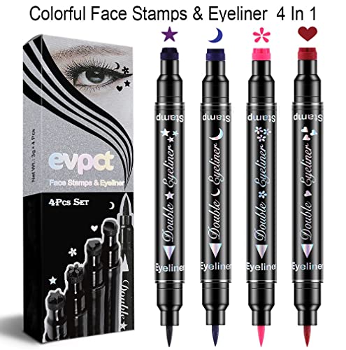 evpct Colored Winged Eyeliners Stamp 4 in 1 Stars Flowers Hearts Moon Face Makeup Stamp Set Eye Liners for Women Waterproof Purple Blue Red Pink Liquid Eyeliner Colorful Set Wingliner Shapes