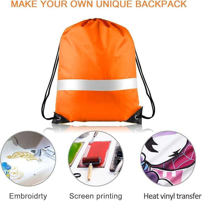 KUUQA 12 Pcs Drawstring Backpack Bag Bulk Reflective Backpack Orange String Bags Cinch Sack Backpack for Team Yoga Sport Gym Traveling