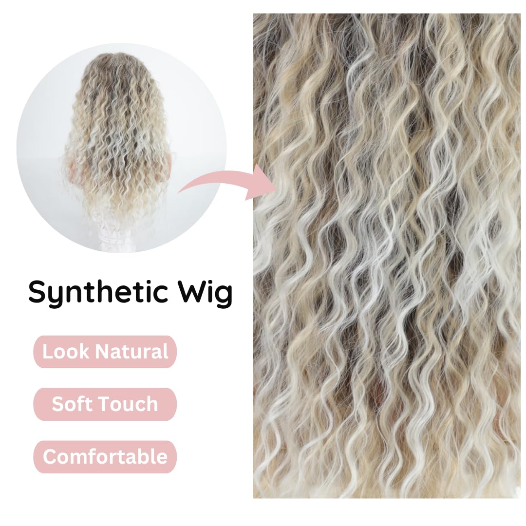 Fencca Ash Blonde Long Curly Wigs for Women Ombre Color Heat Synthetic Curly Wig Mix Blonde Curly Wavy Wig Layered Natural Daily Party Wig