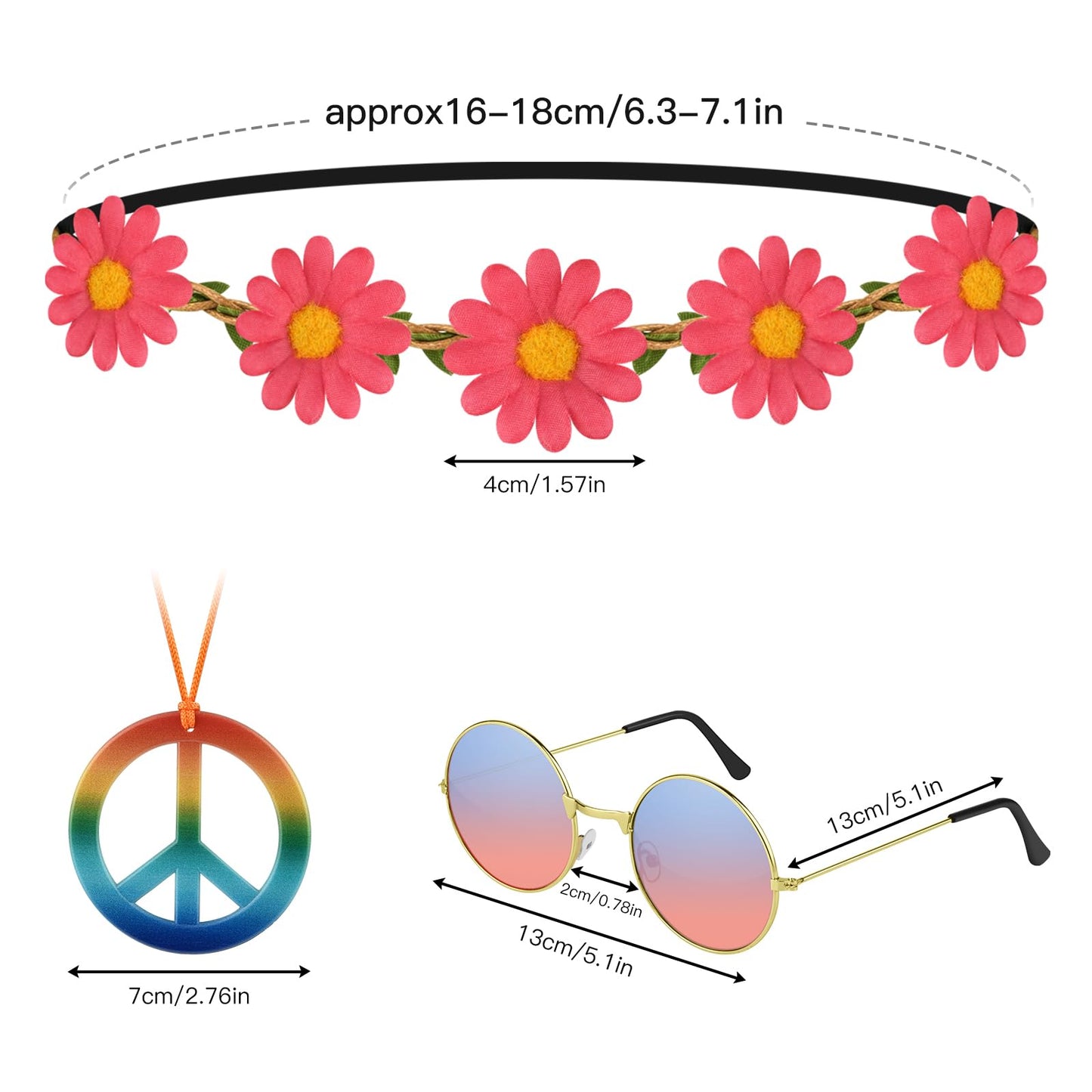 NEBURORA 60 Pieces Hippie Costume Accessory Set Multicolor Sunglasses Daisy Flower Headband Rainbow Peace Sign Necklaces for Hippie Party Supplies