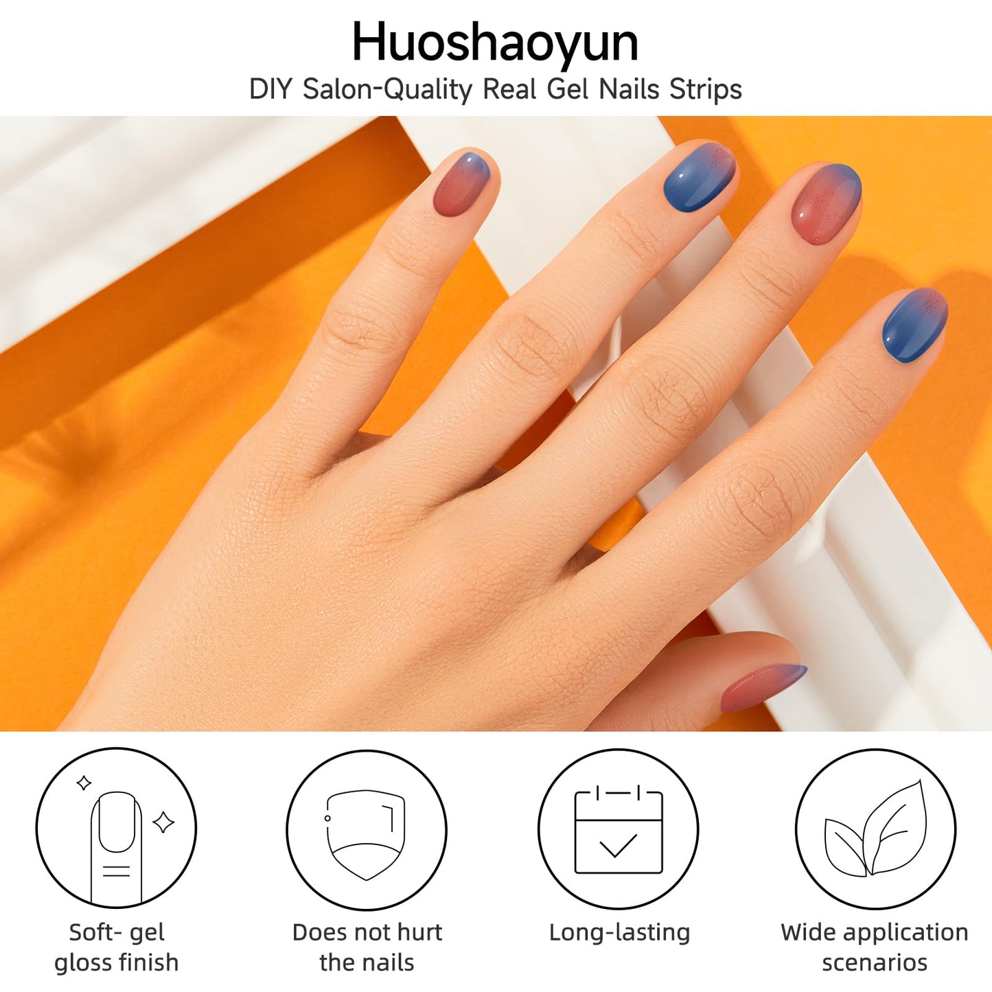 DUKASOU Semi Cured Gel Nail Strips for Christmas, 28 pcs Gel Nail Strips Work with Any UV Lamp, Long Lasting Gel Nail Stickers Full Nail Wraps, Salon Quality, Easy to Apply (Sunset)