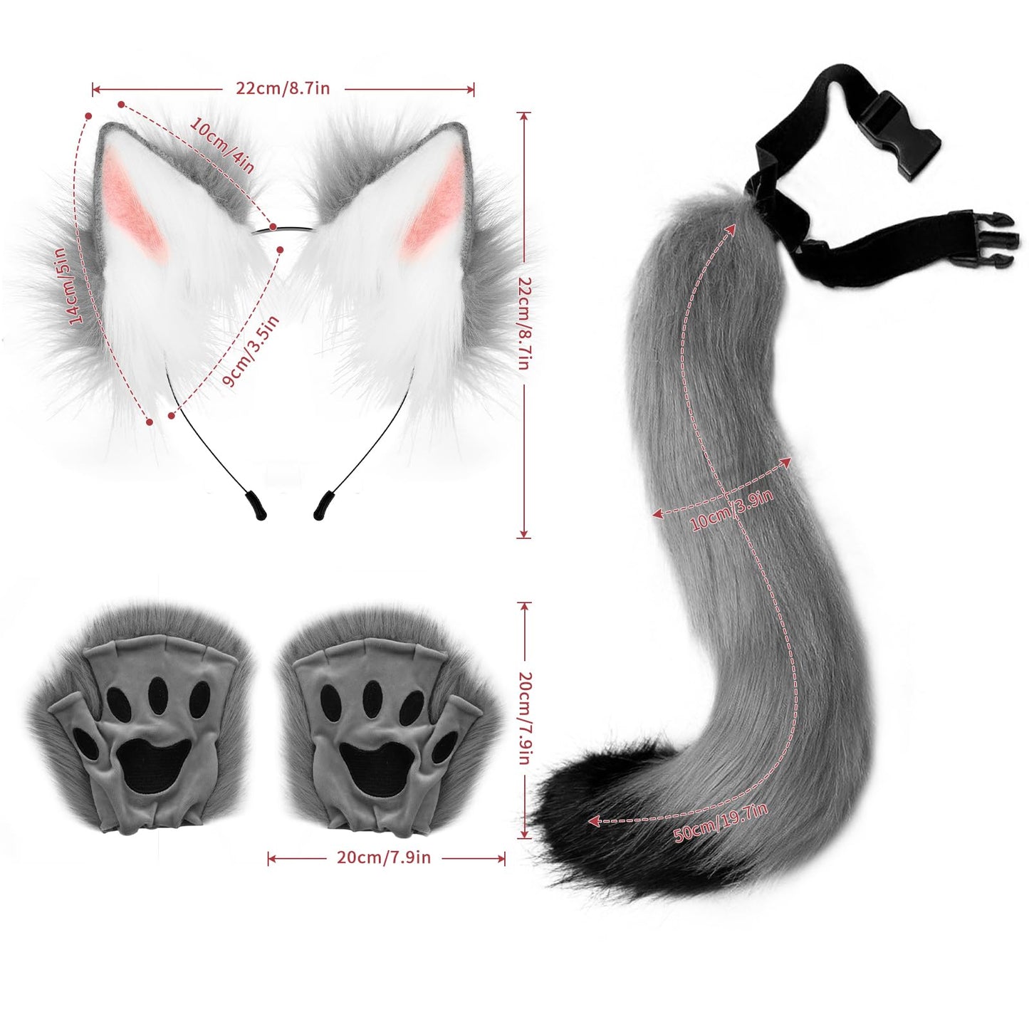 HAOAN Faux Fur Wolf Ears Headband Fox Tail and Paw Gloves Set Cosplay Halloween Costume Accessories