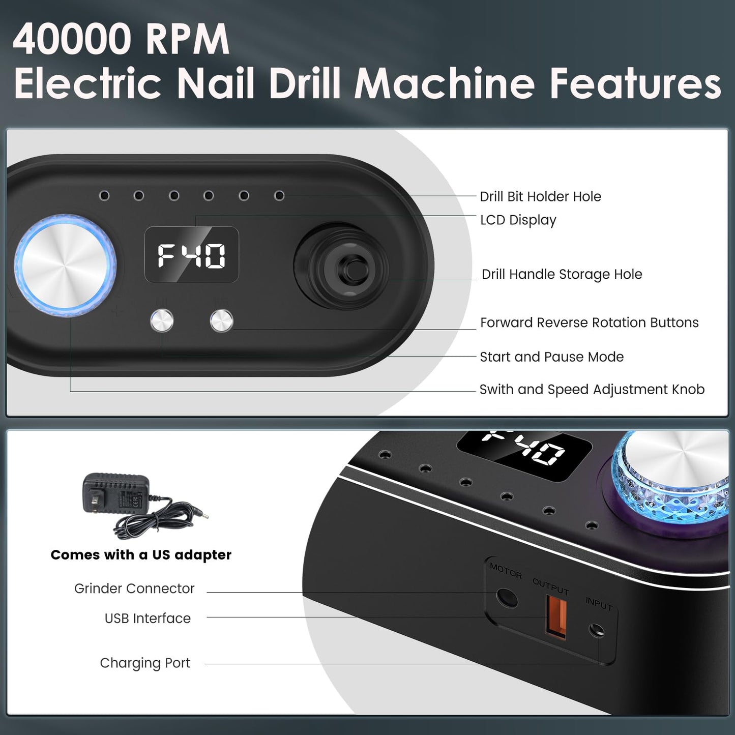 Electric Nail Drill Machine, 40000RPM Professional E File Nail Drill Kit for Gel Acrylic Nails,High Speed Low Vibration Low Heat Nail Grinding with LED Light, 7 Bits, F/R Rotation, LCD Screen (Black)