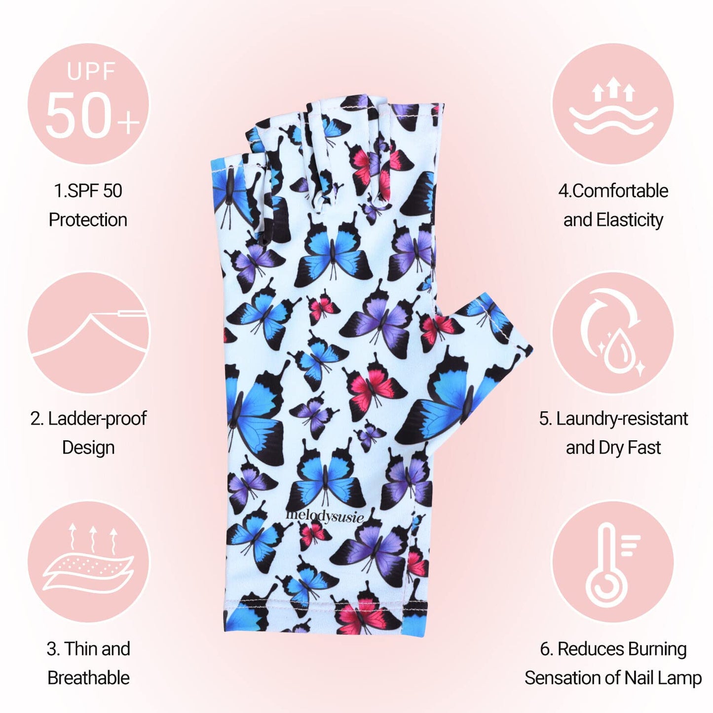 MelodySusie UV Gloves for Nails, UV Lamp Gloves for Manicures Protection, Colorful Butterfly Gel Manicure Gloves, Nail Art Skin Care Fingerless UV Shield Gloves