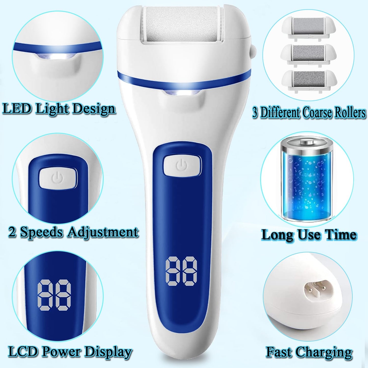 Electric Feet File Callus Remover for Feet, 13-in-1 Professional Pedicure Tools Foot Care Kit, Foot Scrubber Pedi for Hard Cracked Dry Dead Skin, 3 Rollers, 2 Speed, Battery Display