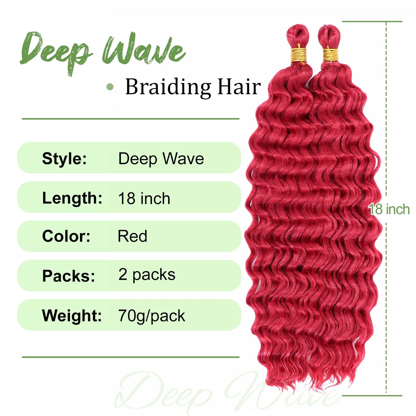 EERYA Long Curly Braiding Hair 18 Inch 2 Packs Red Ocean Wave for Black Women Deep Wave Braiding Hair for Boho Braids (18 inch, Red)