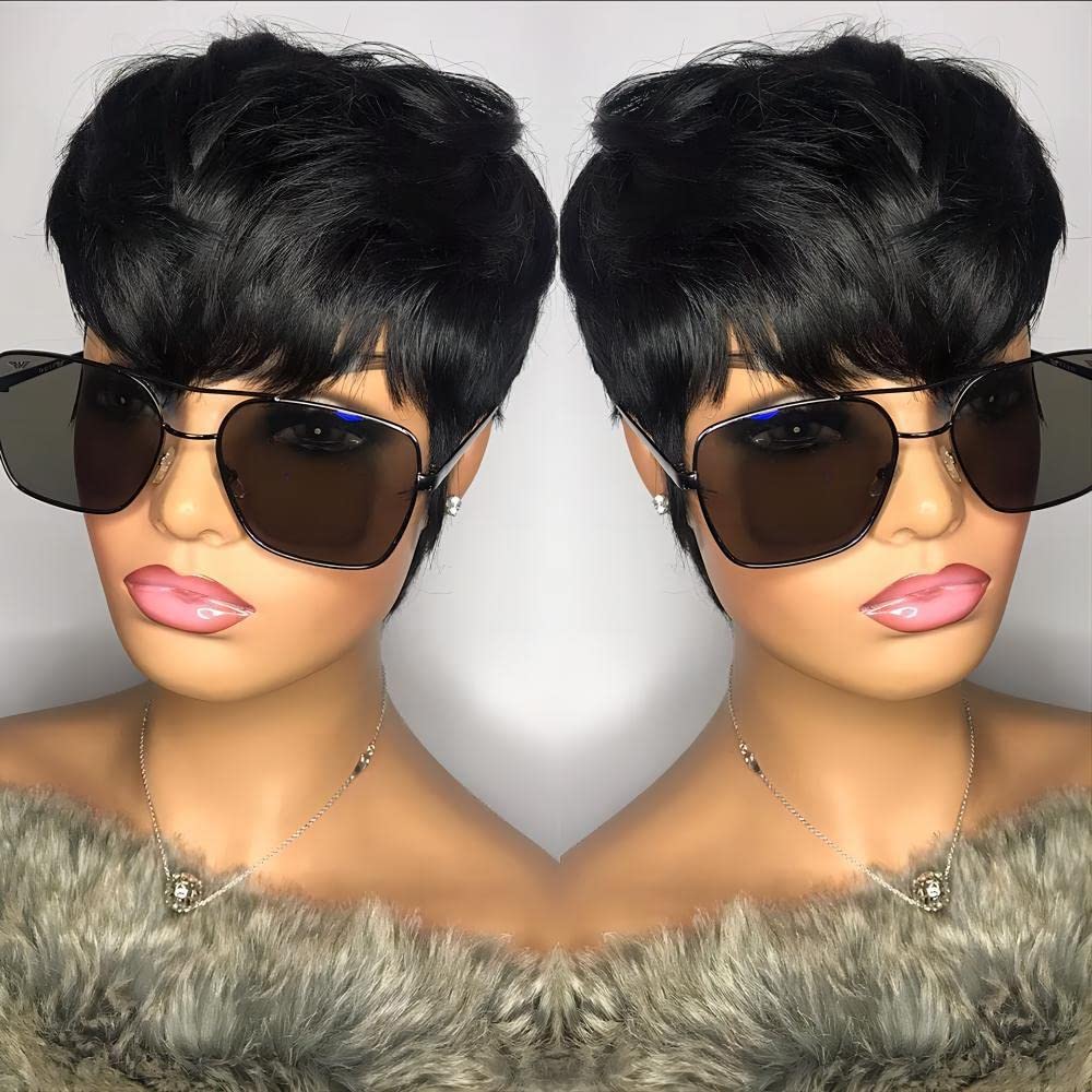 RICONEY Short Bob Wigs for Black Women Human Hair Pixie Cut Wig with Bangs Glueless Short Pixie Wig Layered None Lace Front Wig Full Machine Made 1B Color
