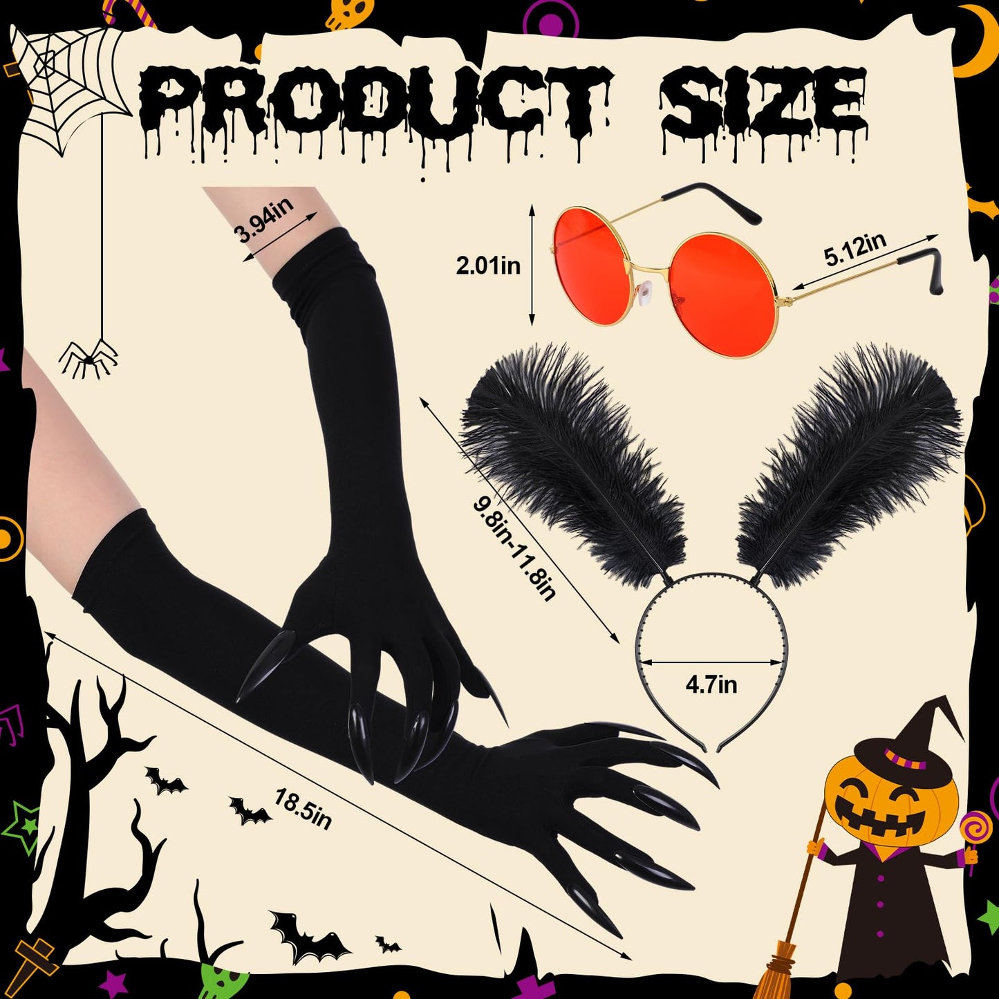 Twistover 3 Pcs Halloween Mothman Costume Accessories Include Paw Gloves Glasses Feather Headband for Unisex Adults Women Men(Retro)