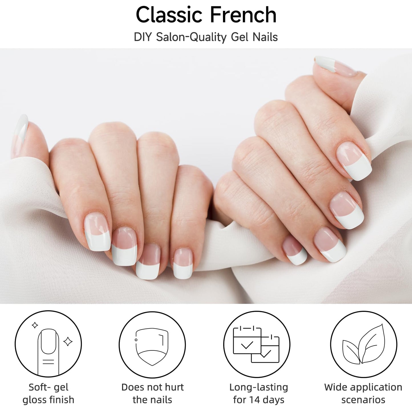 DUKASOU Semi Cured Gel Nail Strips, Classic French | 28 pc Salon Quality UV Gel Nail Stickers, Easy to Apply Home DIY