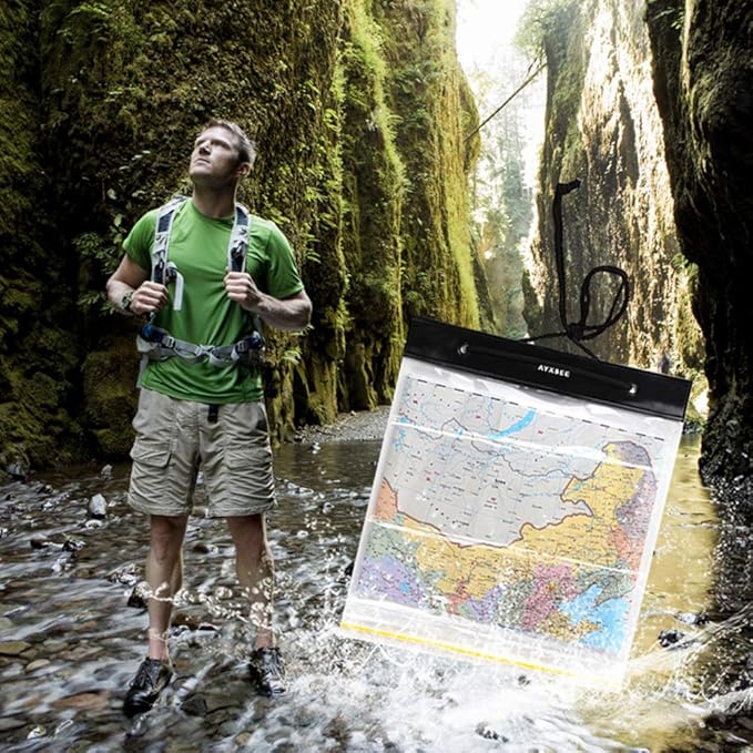 Waterproof Map Case Holder, Watertight Map Carrier, Transparent Dry Bag Protector Pouch for Camping, Hiking, Documents, Electronics, Emergency, Outdoors