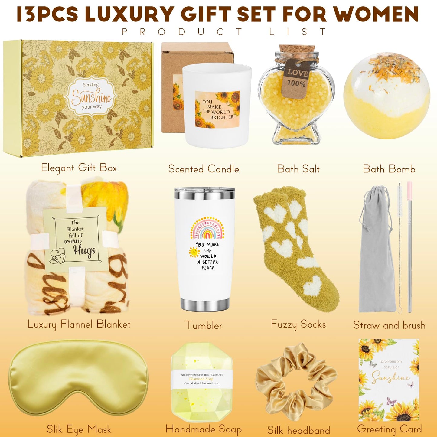 Xmas Sending Sunshine Gifts for Women, Sending Sunflower Gifts for Mom, 13 Pcs Spa Gifts for Women, Birthday Gift Sets, Gifts for her, Unique Holiday Gifts Basket for, Girlfriend, Sister, Mom, Wife
