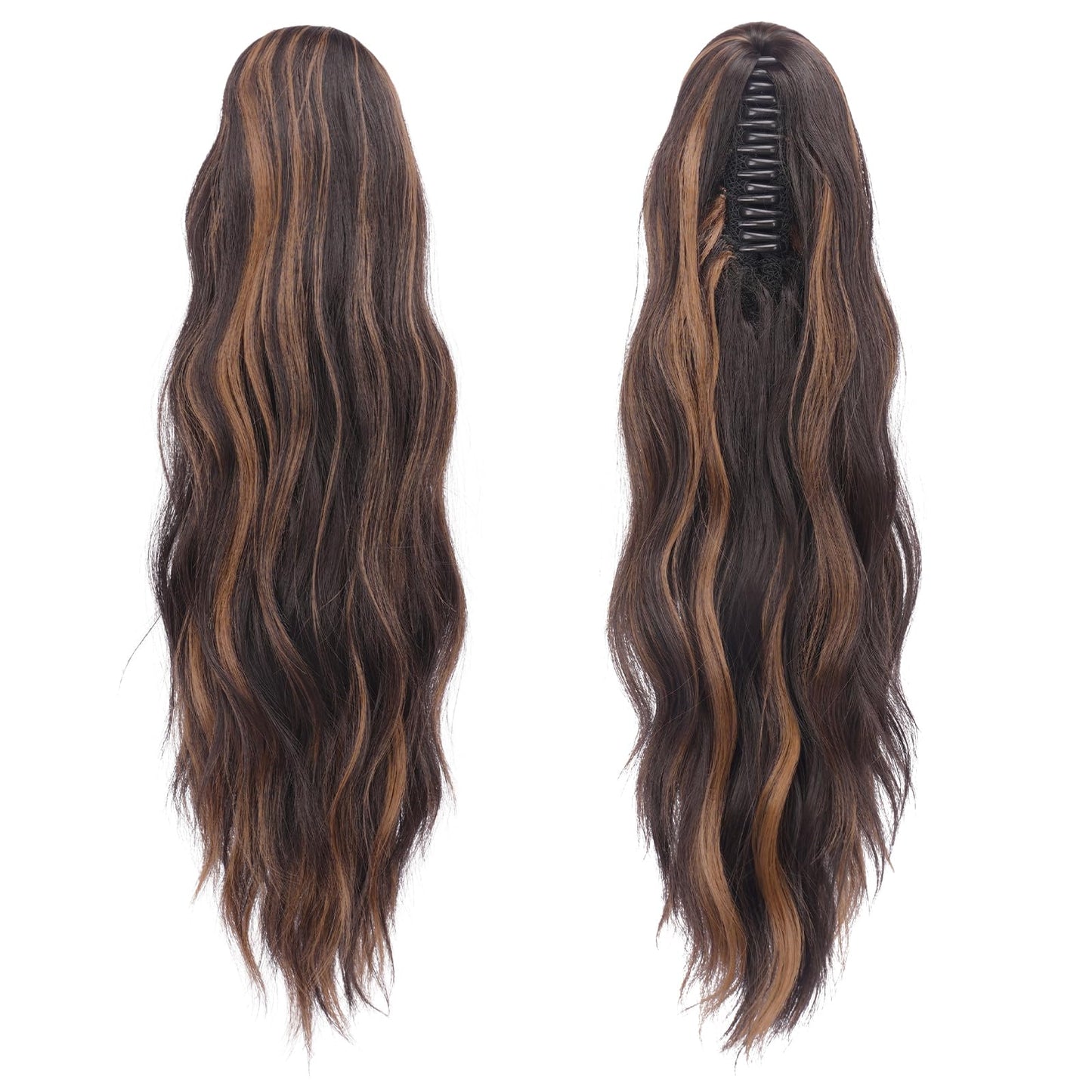 FESHFEN Ponytail Extensions, 20 inch Long Claw Clip in Ponytail Hairpiece Synthetic Pony Tails Hair Piece Natural Wavy Hairpieces for Women, Dark Brown & Caramel Blonde