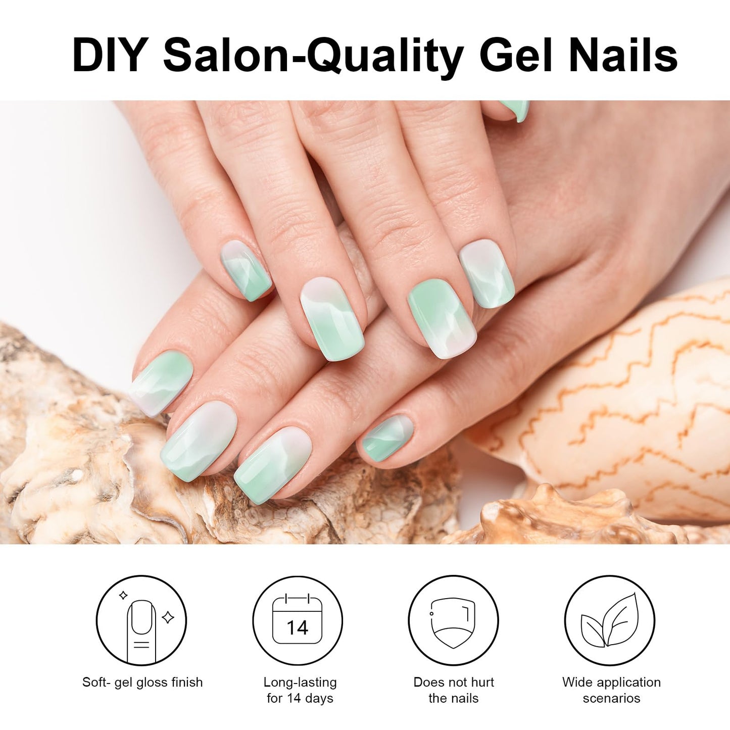 DUKASOU Semi Cured Gel Nail Strips, Green waves| 28 pcs Chinese Style Gel Nail Strips Work with Any UV Lamp, Salon Quality New chinese nail stickers, Include Prep Pads, Nail File&Wood Stick