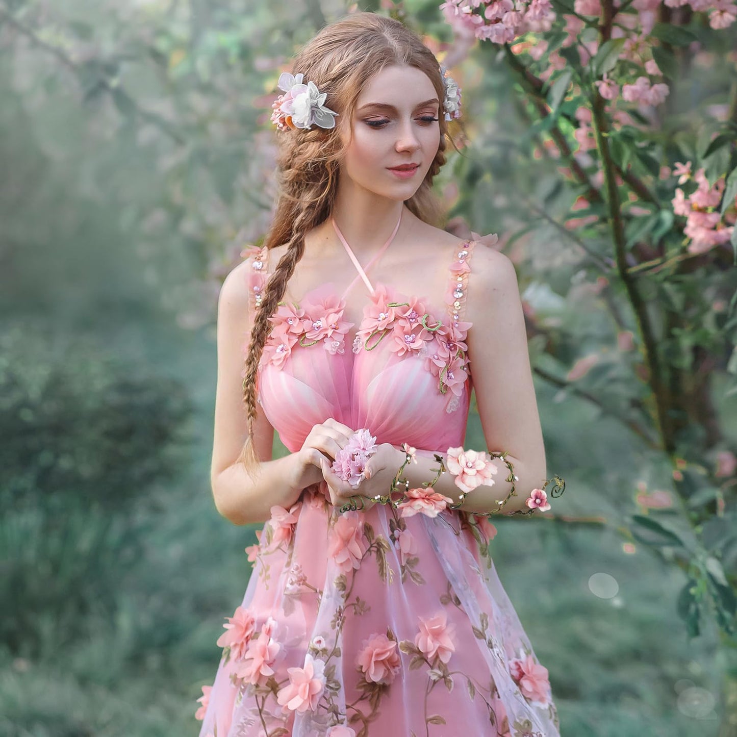 FRESHME Renaissance Fairy Flower Arm Wrap - 1 PC Elf Arm Cuff Bracelet with Pink Flowers Woodland Forest Mother Nature Costume Poison Ivy Costume Fantasy Renfaire Cosplay Prom Dress Up Accessories for Women