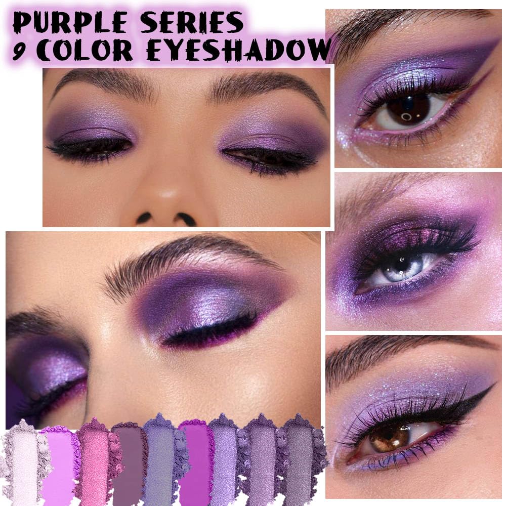 evpct 9 Colors Purple Violet Lavender Glitter Shimmer Sparkly Eyeshadow Mermaid Halloween Makeup Palette for women Highly Pigmented Waterproof Mauve Bright Purple Pink Sparkling Eye Shadow Palette Kit