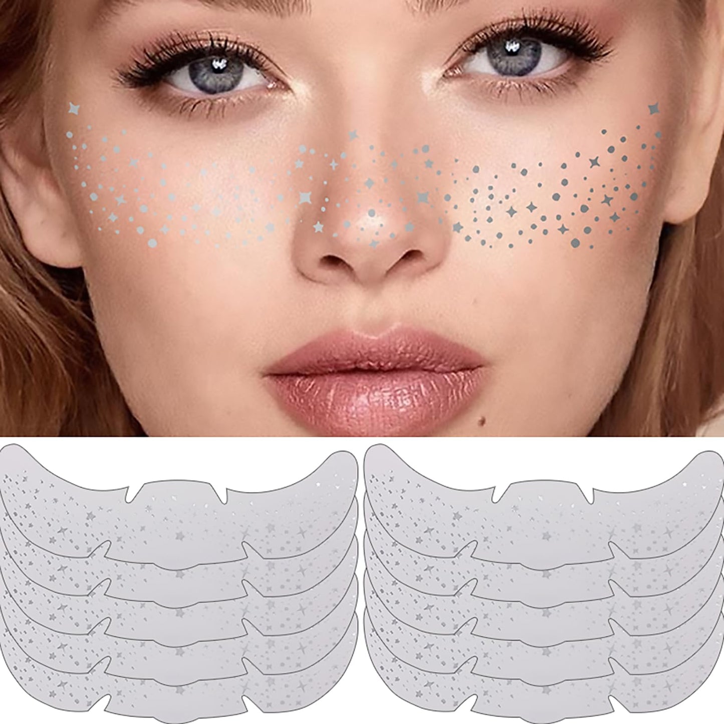 Face Glitter Freckles Tattoo, Sliver Glow Up Makeup Patches, Face Glitter Makeup Speckles Patches, Cute Glitter Makeup Accessories for Women Cosmetic Glitter for Face - 10 Counts (Sliver #02)