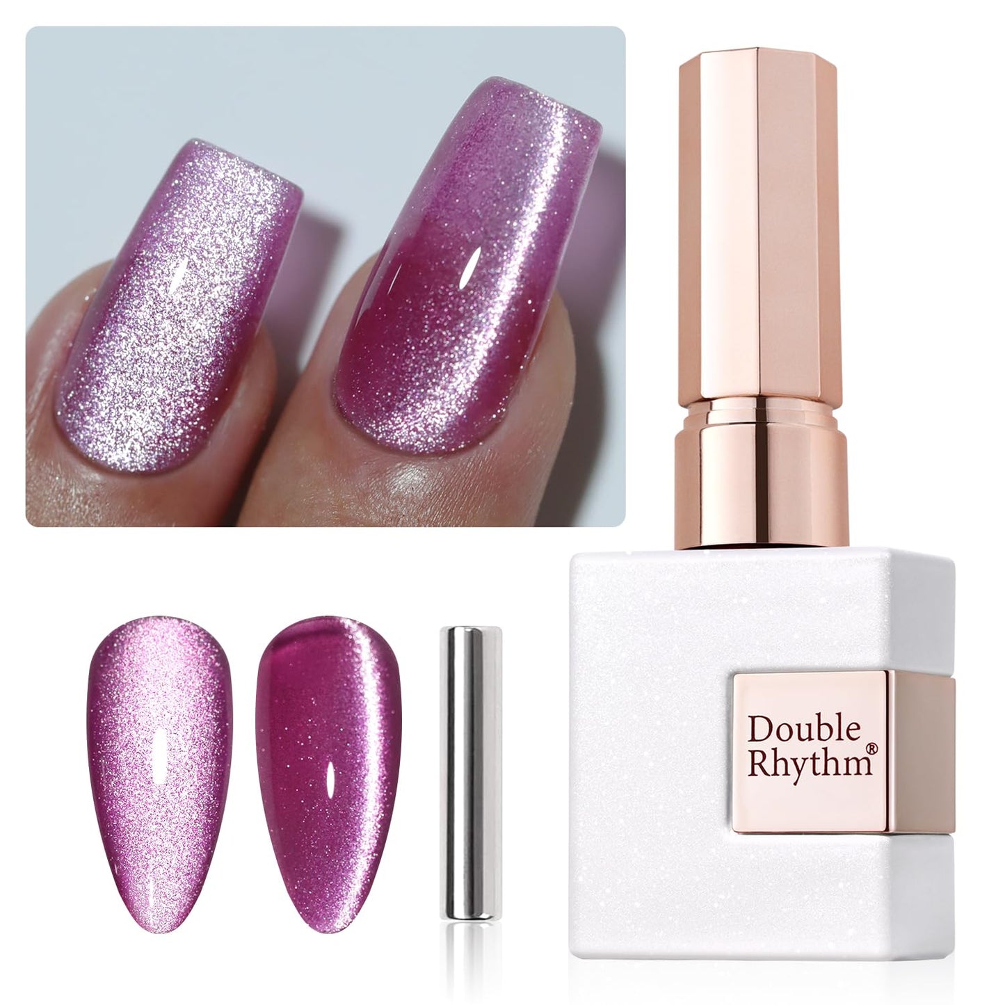 Double Rhythm Jelly Glass Cat Eye Gel Polish with Magnet 15ML Holographic Glitter Shimmer Translucent Sheer Color Magnetic Nail Polish Salon DIY at Home (Purple Pink-MC1043)