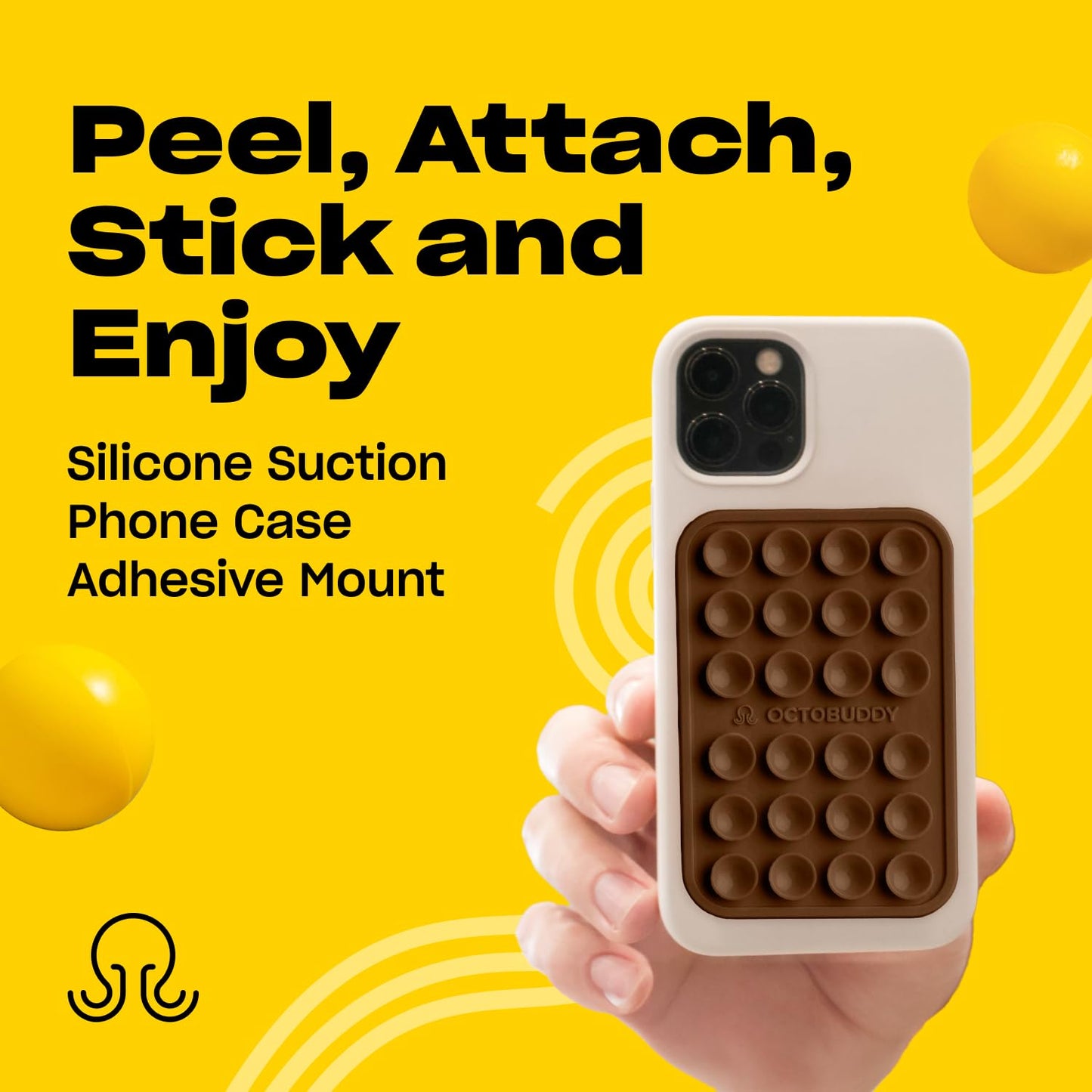 OCTOBUDDY Classic MAX - Silicone Suction Phone Case Adhesive Mount - Hands-Free, Strong Grip Holder for Selfies and Videos - iPhone and Android Compatible - 2.6″ x 3.9″, Chocolate