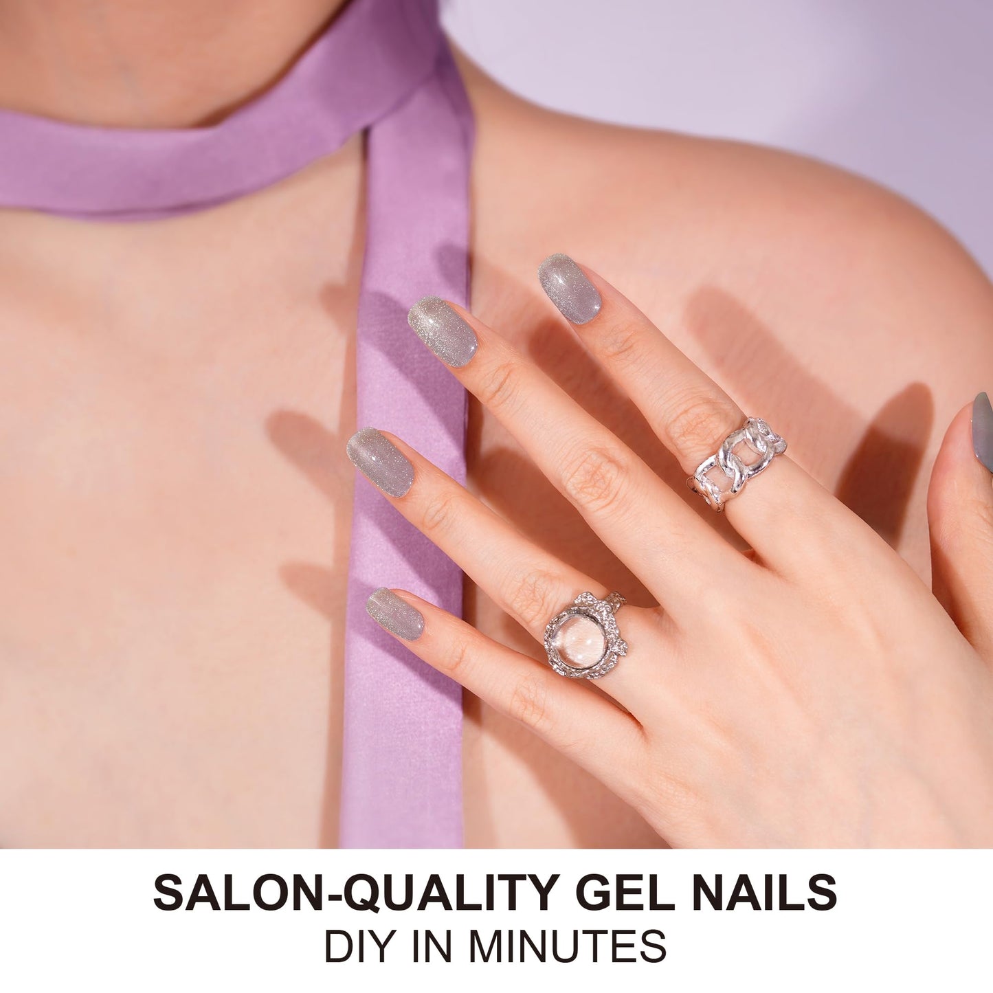 DANNI & TONI Semi Cured Gel Nail Strips Grayish Purple (Lakeside Shimmer) Magnetic Cat Eye Gel Nail Wraps 28 Stickers