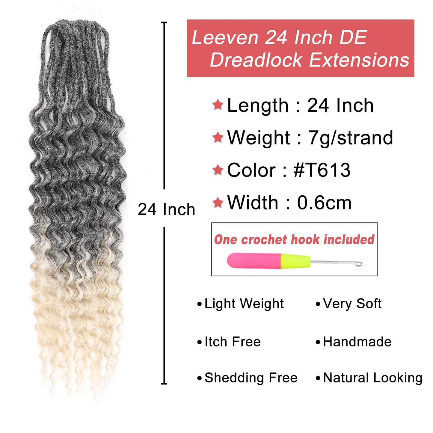 Leeven Wavy Double Ended Dreadlock Extensions 24 Inch Black to Blonde Ombre DE Curly Synthetic Dreads 10 Strands Boho Dread Extensions Braid in Handmade Hippie Dreads Thin Wool Dreads for Women Men