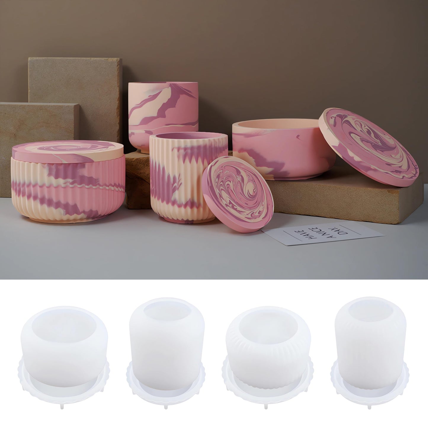 4pcs Cup Shape Candle Jar Silicone Mold with Lid, Handmade Storage Bowl Resin Mould, Flower Pot Vase Concrete, DIY Plaster Cast Cement Rings Jewelry Storage Box Mold