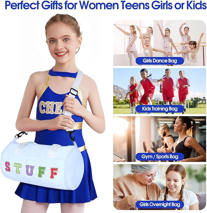 Chenille Letter Stuff Tote Bag 16 Inch, Small Gym Duffle Bag for Travel Dance Sports Workout Camping, Carry On Cheer Ballet Overnight Weekender Bags Birthday Christmas Gifts for Girls Kids Teens Women