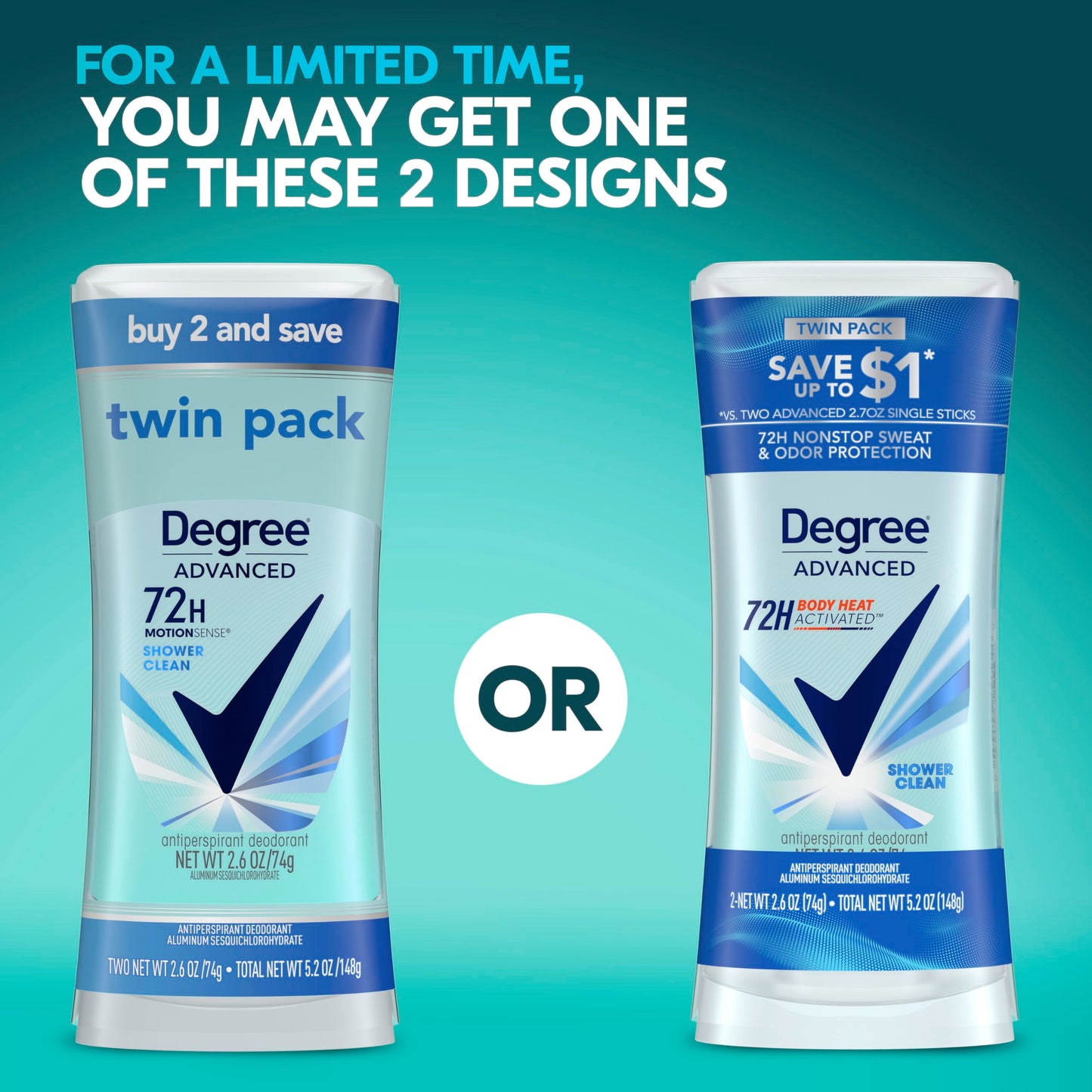 Degree Antiperspirant Deodorant Shower Clean Twin Pack 72-Hour Sweat & Odor Protection Antiperspirant for Women with Body Heat Activated Technology 2.6 oz