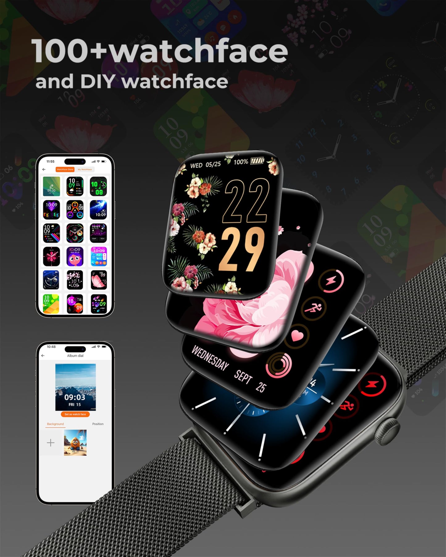 Smart Watch for Men/Women, 1.85" AMOLED Touchscreen, Make/Answer Calls, Fitness Tracker with Heart Rate, Blood Oxygen, Sport Modes, Waterproof Watches Compatible with Android & iPhone(4 Watch Bands)