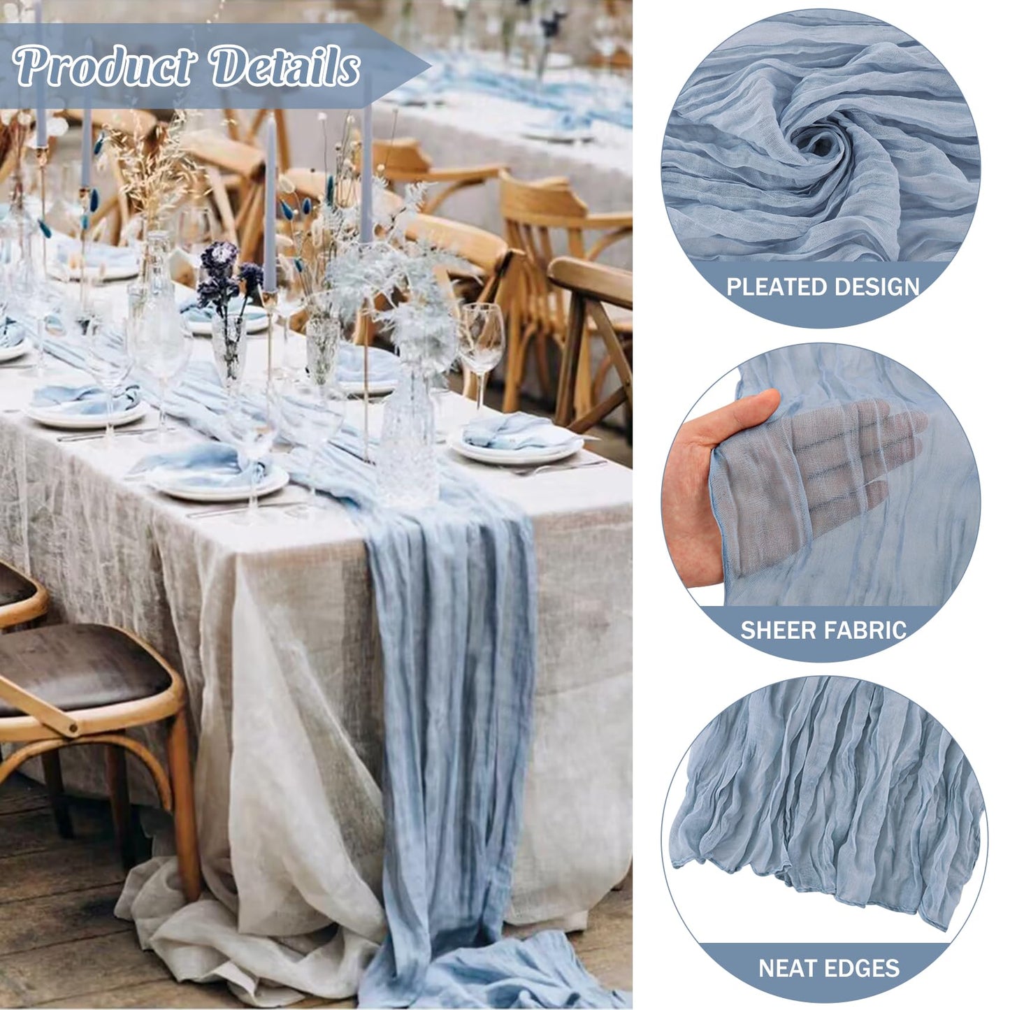 6 Pieces Dusty Blue 10FT Cheesecloth Table Runner Boho Gauze Fabric Table Runner Rustic Sheer Runner for Wedding Birthday Baby Shower Party Boho Table Decoration(Dusty Blue)