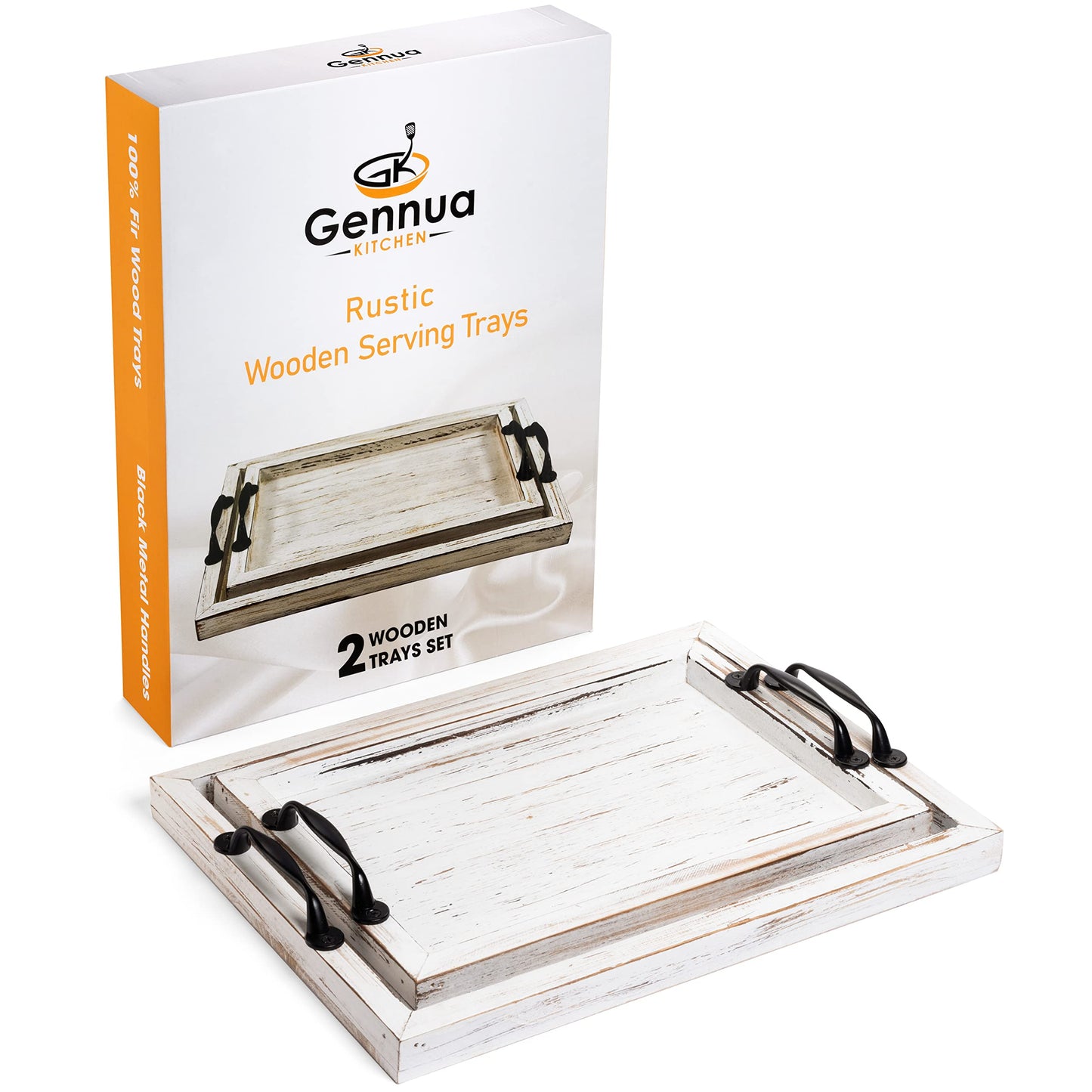 Rustic Serving Tray with Handles - 2 Nesting Trays for Serving Food - Wooden Tray for Decor, Coffee Table & Ottoman - Large Serving Tray with Distressed White Finish to Complement Any Decor