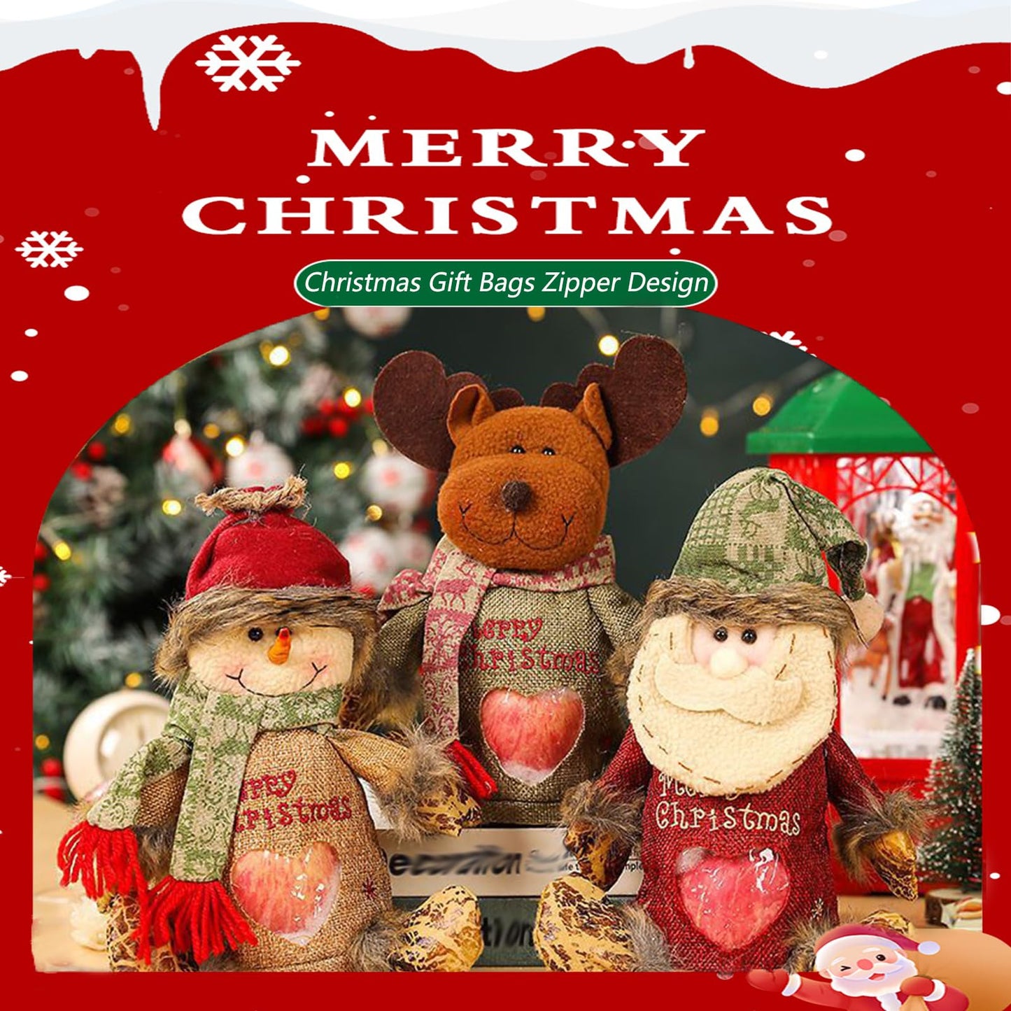 Christmas Gift Bags Zipper Design, 3D Doll Decoration, Flax Fabric Christmas Apple Bags Zipper Reusable, Xmas Candy Apple Bags with Santa Claus, Snowman, Reindeer for Festival Decor (3PCS)