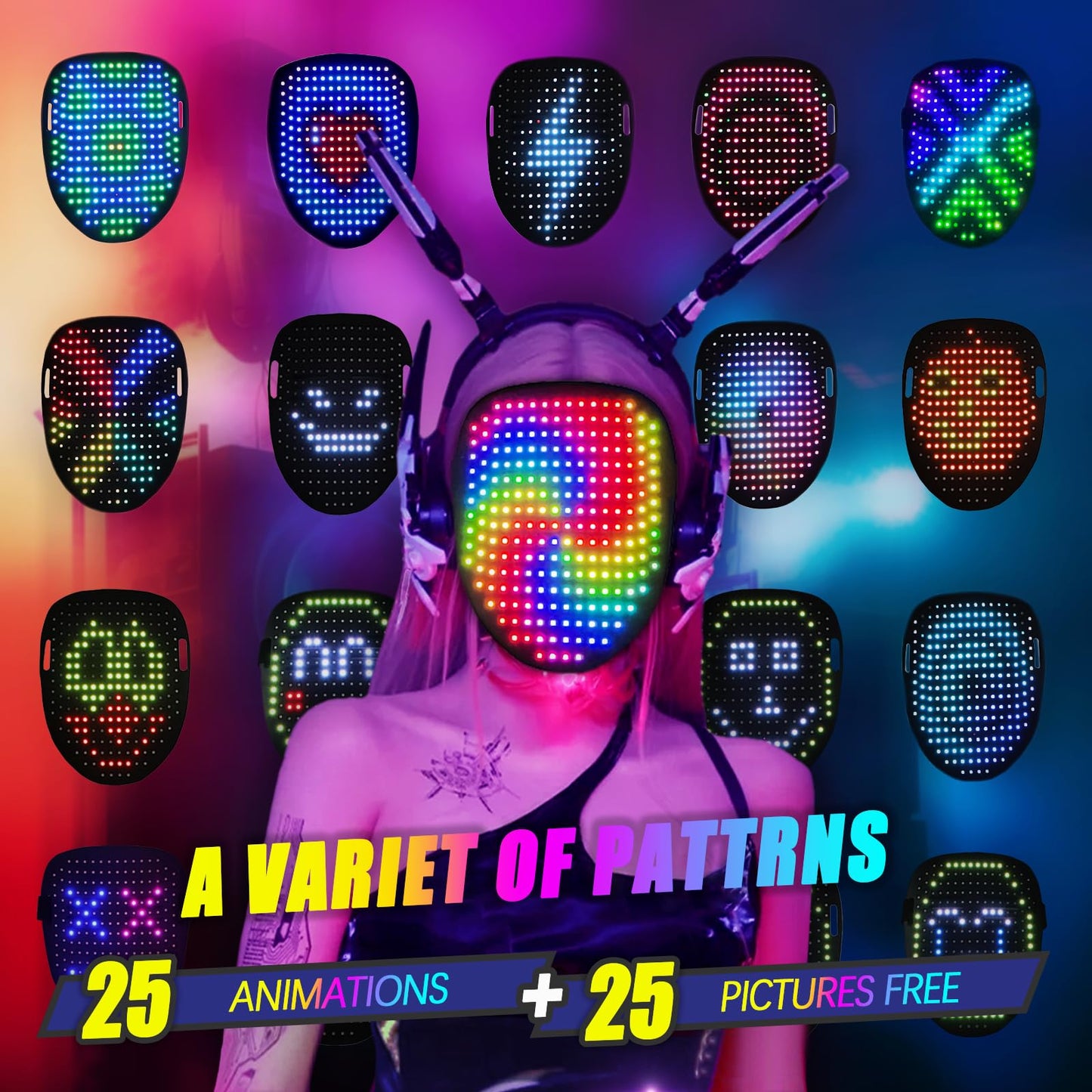 Ompusos LED Mask with Gesture Sensing Transforming Light Up Face Mask for Halloween Rave, Birthday and Masquerade Parties