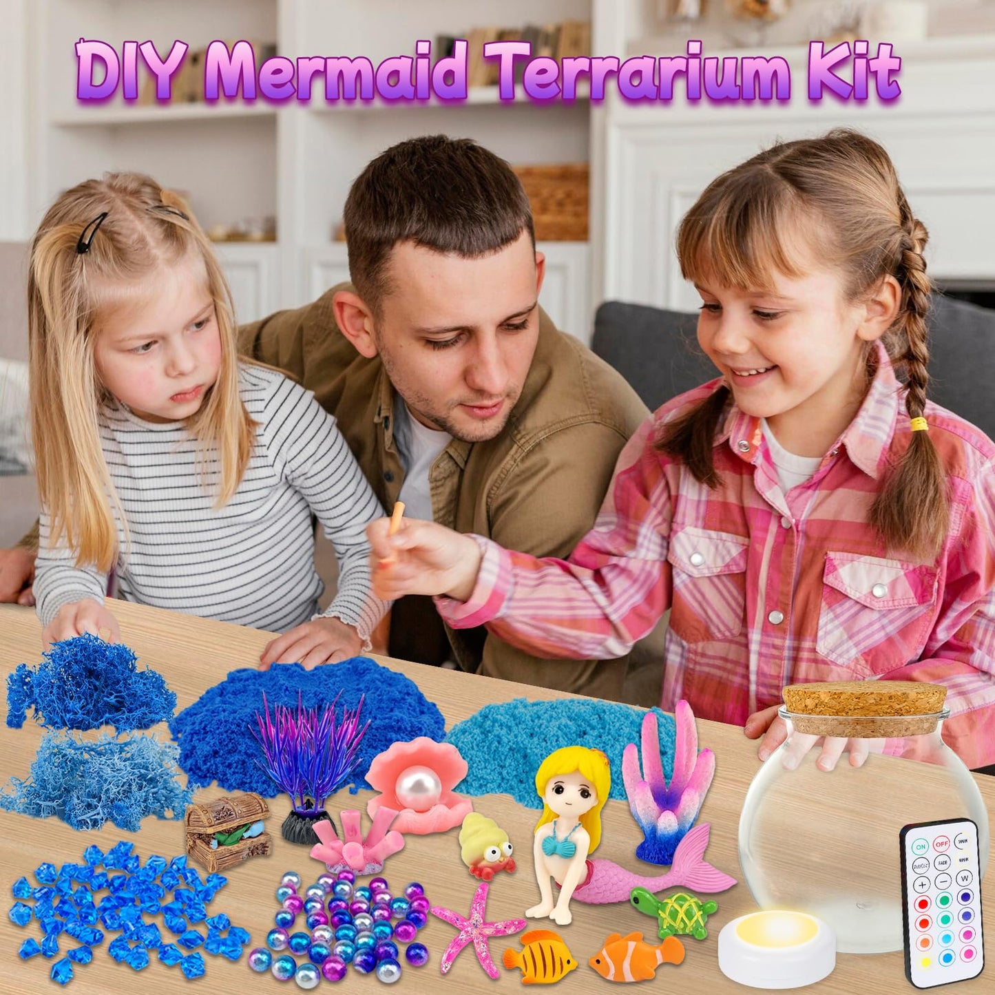 Mermaid Terrarium Craft Kit for Kids - LED Night Light Up & Remote Mermaid Birthday Gifts Toys for Girls Age 5 6 7 8 9 10 11 12 Year Old