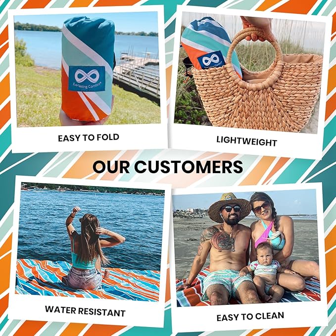 Everlasting Comfort Beach Blanket Waterproof Sandproof - Large Oversized Beach Mat for 10 People w/Stakes, Storage Bag - Beach Accessories for Family, Picnic, Concert, Travel