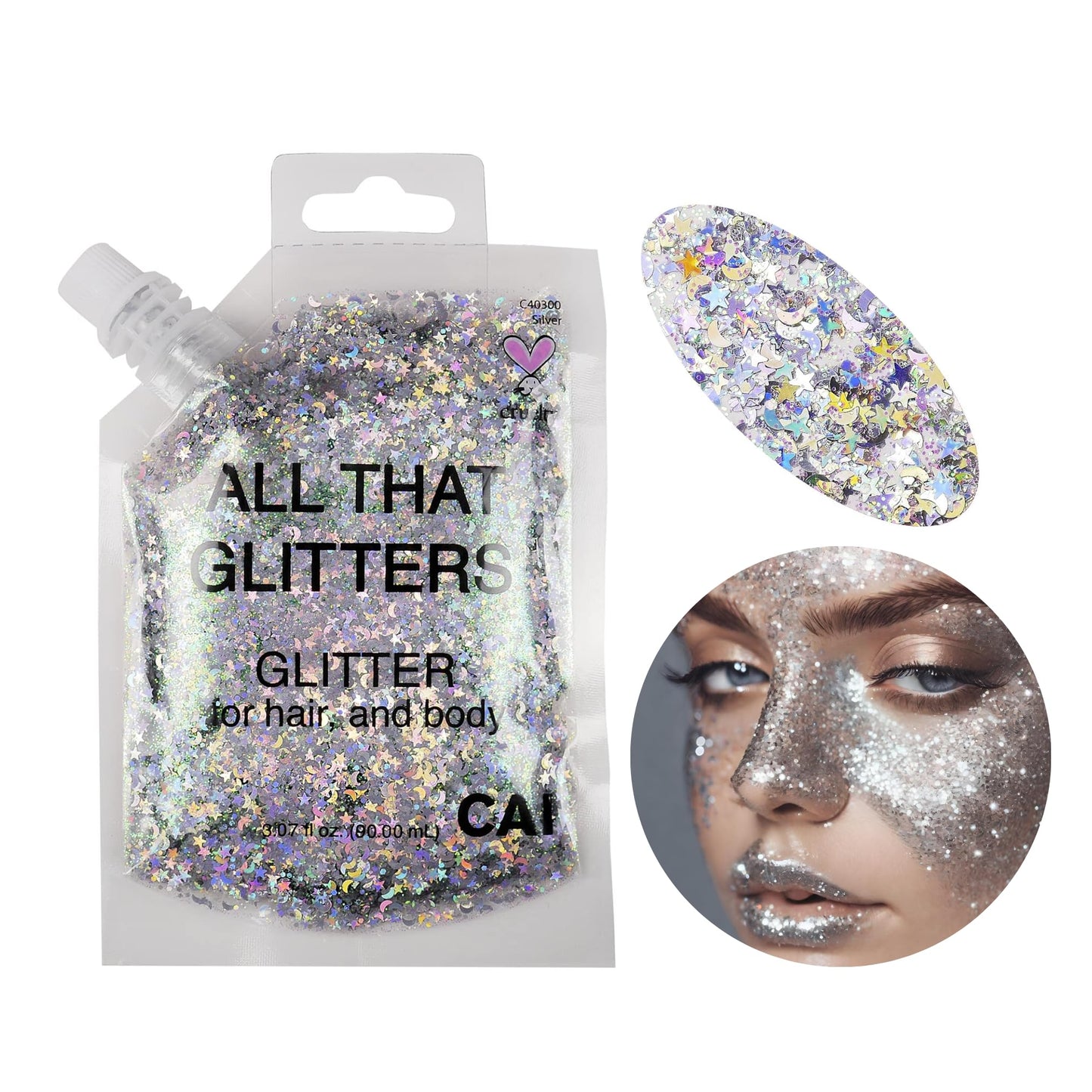 Face Glitter; Hair & Body Makeup: for Kids/Women (3 Oz Silver) Chunky Iridescent Holograph Stars Moon Cosmetic Grade, Cruelty Free Apply Without Glue, Easy to Take Off Keeps Skin Clean