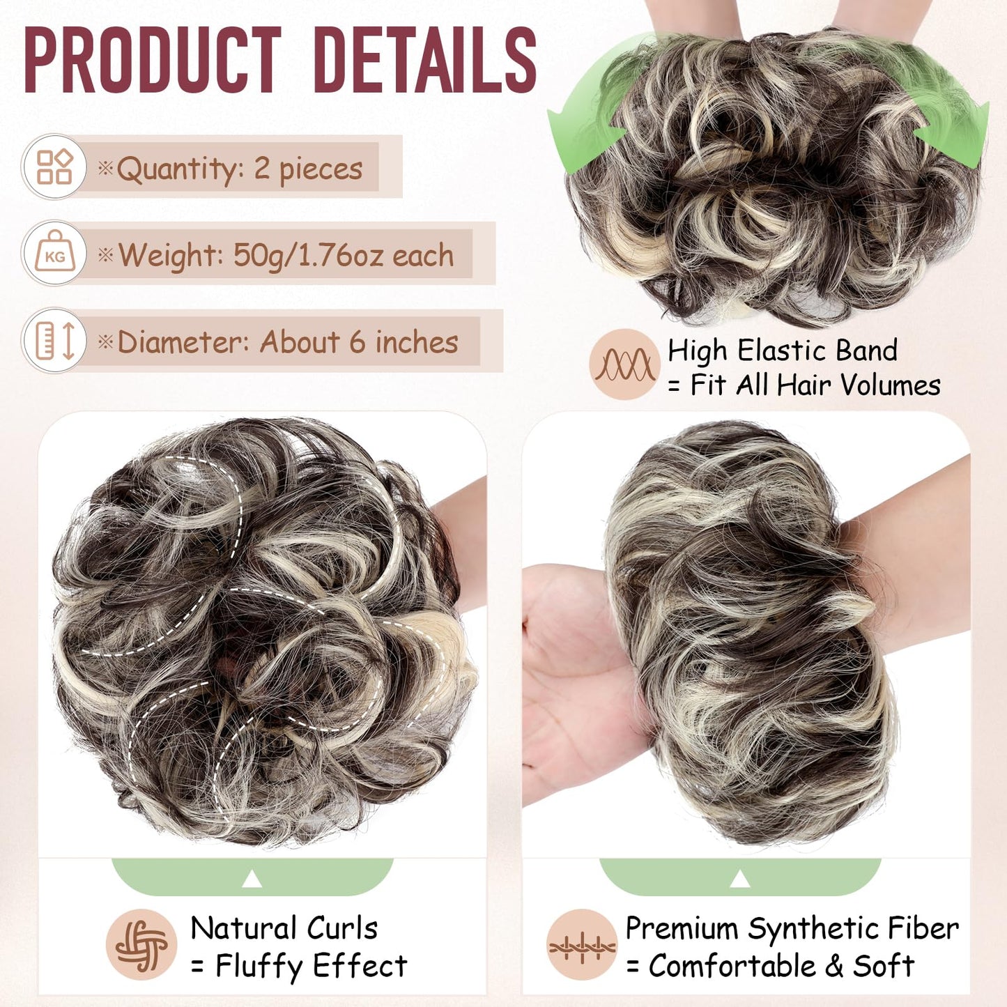 FeidyLong 2 PCS Messy Bun Hair Piece Wavy Curly Scrunchies Synthetic Chignon Ponytail Hair Extensions Thick Updo Hairpieces for Women Girls(Black Brown Mix Bleach Blonde)