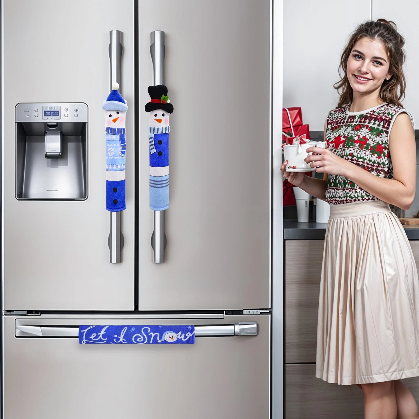 OurWarm Christmas Refrigerator Handle Covers Set of 3, Festive Blue Snowman Kitchen Decor for Fridge Door, Xmas Decor Indoor