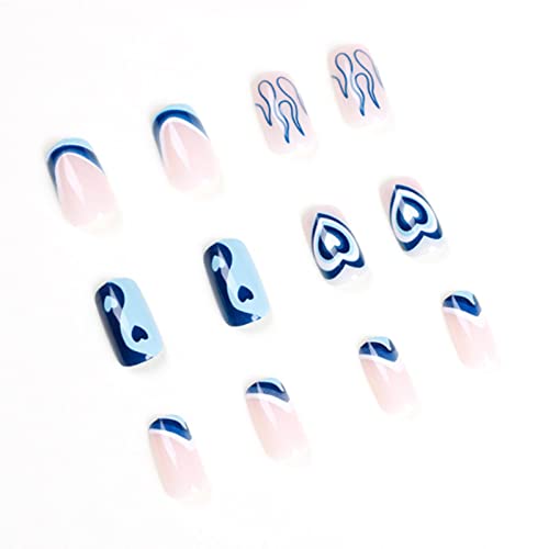 DANMANR Long Press on Nails Square French Fake Nails Full Cover Nude Acrylic False Nails for Women and Girls 24PCS (Blue Heart French)