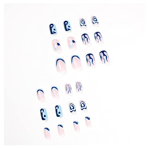 DANMANR Long Press on Nails Square French Fake Nails Full Cover Nude Acrylic False Nails for Women and Girls 24PCS (Blue Heart French)