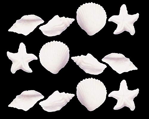 24pk Edible White Seashells and Starfish Sugar Decoration Toppers for Cakes Cupcakes Cake Pops with SeaShell Decorating Stickers