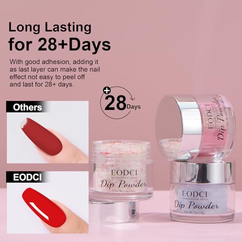 EODCI Dip Powder Glitter Color, Rose Red With Opal Flakes/Glitter Dipping powder 28+ Long-Lasting Build Powder Pro System Salon DIY at Home No Needed Lamp Cured