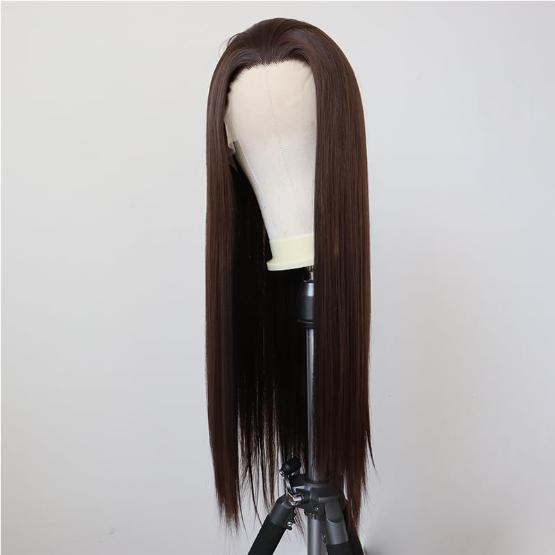 ELESTY Brown Synthetic Lace Front Wig Long Straight Free Part #6 Lace Front Wig For Women Heat Resistant Fiber Natural Hairline Makeup Lace Wigs