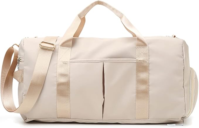 Small Gym Bag for Women and Men, Workout Bag for Sports and Weekend Getaway, Waterproof Dufflebag with Shoe and Wet Clothes Compartments (Beige)