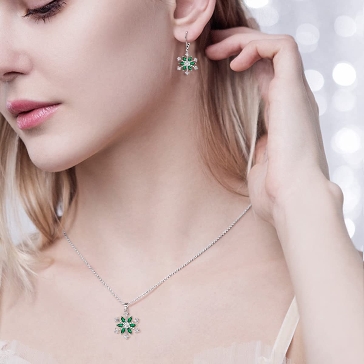 EVER FAITH Snowflake Jewelry Set Sterling Silver Winter Accessory Sparkle Green CZ Flower Necklace Leverback Earrings Sets
