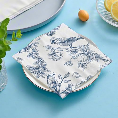 120 Pcs Paper Napkins Blue & White Disposable Spring Flowers Dessert Napkin for Wedding Holiday Birthday Party Bridal & Baby Shower Tableware Party Supplies