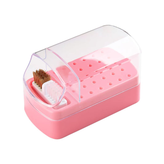 Fcozpjk 2 in 1 Pink Nail Drill Bit Holder and Nail Drill Bits Cleaner Brush Case, 30 Holes Dust-proof Nail Bit Holder Organizer Display Storage Box, Nail Bit Cleaning Case Manicure Container Tool