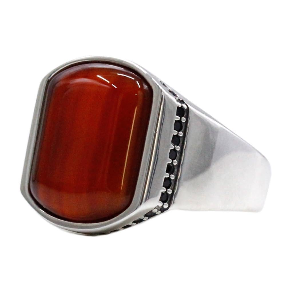 Fashion S925 Silver Ring Simple Smooth Design Men's Ring Set Small Zircon with Natural Curved Black Agate Luxury Türkiye Jewelry Christmas Gift (11, Red)