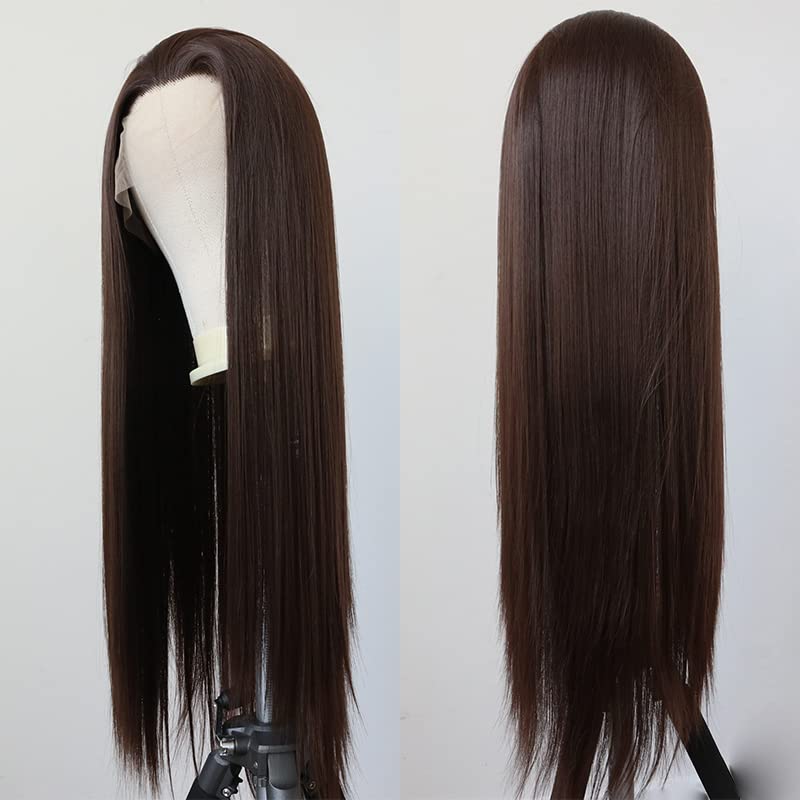ELESTY Brown Synthetic Lace Front Wig Long Straight Free Part #6 Lace Front Wig For Women Heat Resistant Fiber Natural Hairline Makeup Lace Wigs