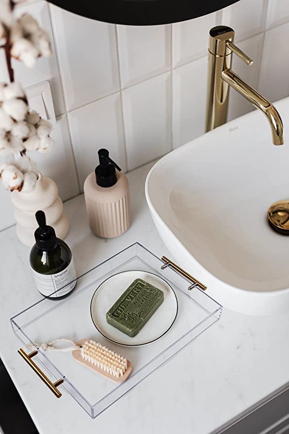 12"x16" Clear Acrylic Serving Tray with Golden Handles, Sturdy Huge Capacity Acrylic Tray for Coffee, Juice, Kitchen and Desk Organizer, Storage Tray (12"x16")